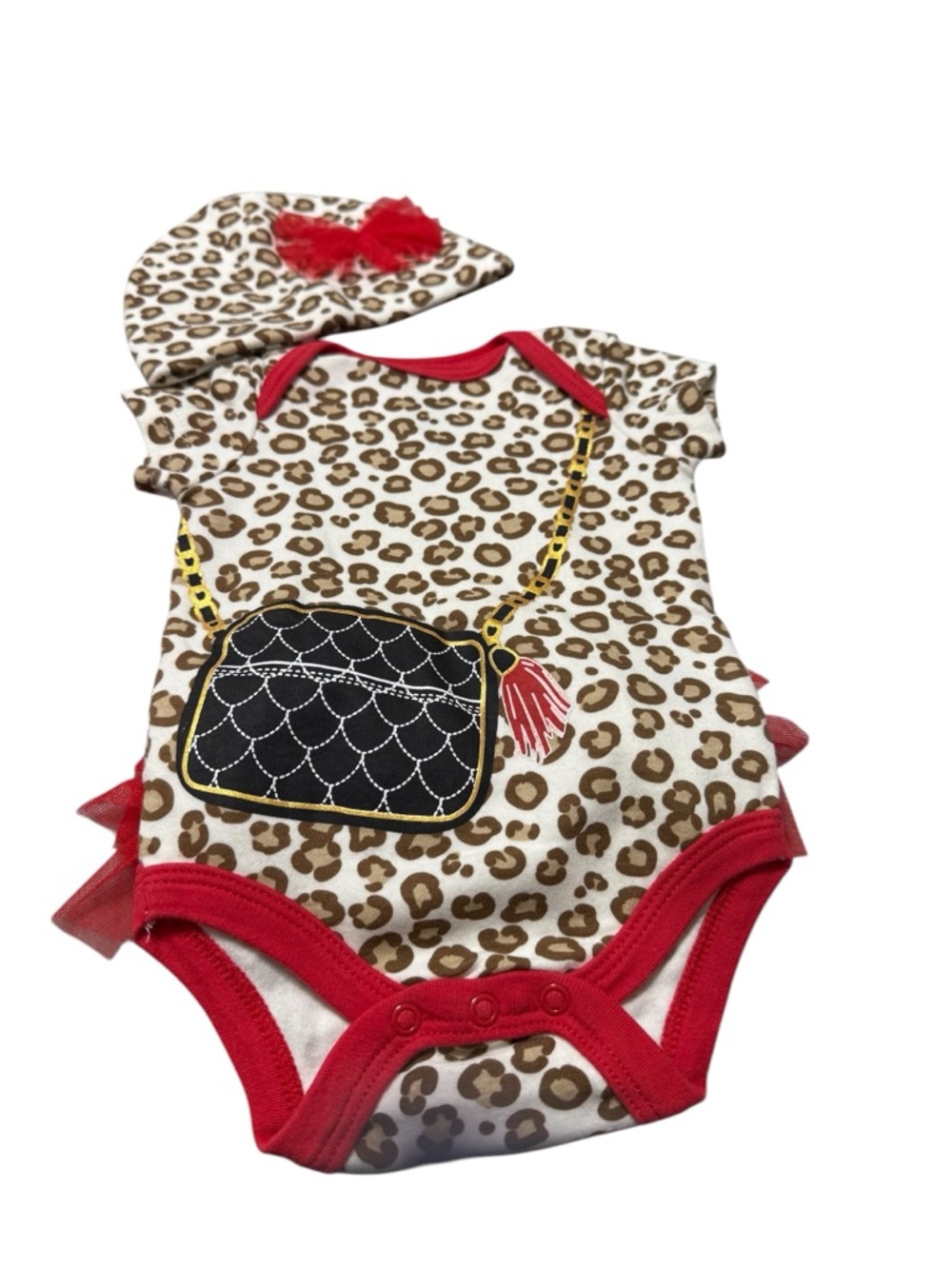Buster Brown Leopard Print Bodysuit Set with Red Trim